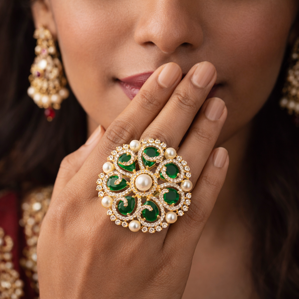 Zarmin American Diamond Floral Polki Gold Tone Ring