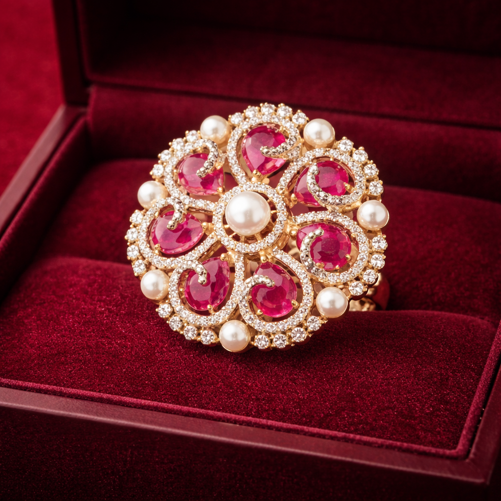 Zarmin American Diamond Floral Polki Gold Tone Ring