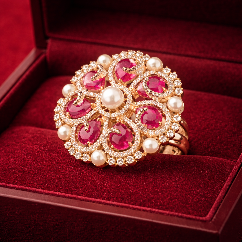 Zarmin American Diamond Floral Polki Gold Tone Ring